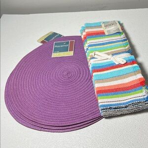 4 Purple Round Placemats and 4 Striped 100% Cotton Placemats